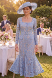 Grey Blue Mermaid Square Neck Lace Mum of the Bride Dress with Belt
