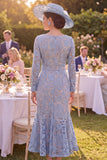 Grey Blue Mermaid Square Neck Lace Mum of the Bride Dress with Belt