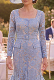 Grey Blue Mermaid Square Neck Lace Mum of the Bride Dress with Belt