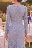 Grey Blue Mermaid Square Neck Lace Mum of the Bride Dress with Belt