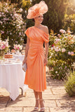 Orange Ruched One Shoulder Midi Mum of the Bride Dress