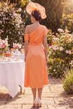 Orange Ruched One Shoulder Midi Mum of the Bride Dress