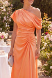 Orange Ruched One Shoulder Midi Mum of the Bride Dress