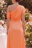 Orange Ruched One Shoulder Midi Mum of the Bride Dress