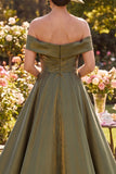 Off the Shoulder A Line High-Low Olive Mum of the Bride Dress