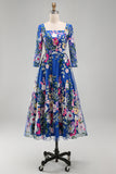 Royal Blue Square Neck Floral Mum of the Bride Dress with 3/4 Sleeves