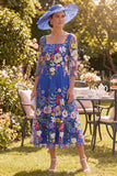 Royal Blue Square Neck Floral Mum of the Bride Dress with 3/4 Sleeves