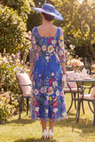 Royal Blue Square Neck Floral Mum of the Bride Dress with 3/4 Sleeves