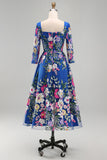 Royal Blue Square Neck Floral Mum of the Bride Dress with 3/4 Sleeves
