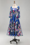 Royal Blue Square Neck Floral Mum of the Bride Dress with 3/4 Sleeves