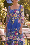 Royal Blue Square Neck Floral Mum of the Bride Dress with 3/4 Sleeves
