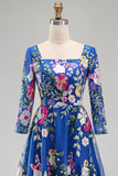 Royal Blue Square Neck Floral Mum of the Bride Dress with 3/4 Sleeves