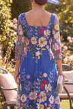 Royal Blue Square Neck Floral Mum of the Bride Dress with 3/4 Sleeves