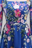 Royal Blue Square Neck Floral Mum of the Bride Dress with 3/4 Sleeves