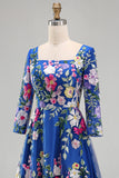 Royal Blue Square Neck Floral Mum of the Bride Dress with 3/4 Sleeves
