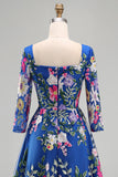 Royal Blue Square Neck Floral Mum of the Bride Dress with 3/4 Sleeves