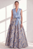 Blue A Line Jacquard Mother of the Bride Dress with Sash