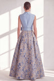 Blue A Line Jacquard Mother of the Bride Dress with Sash
