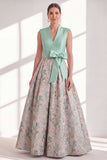 Blue A Line Jacquard Mother of the Bride Dress with Sash