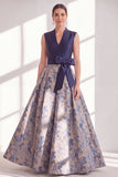 Blue A Line Jacquard Mother of the Bride Dress with Sash