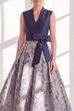 Blue A Line Jacquard Mother of the Bride Dress with Sash