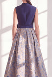 Blue A Line Jacquard Mother of the Bride Dress with Sash