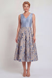 Jacquard V-Neck Navy Midi Mother of the Bride Dress