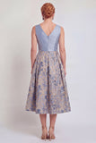 Jacquard V-Neck Navy Midi Mother of the Bride Dress