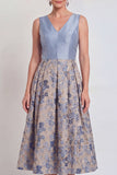 Jacquard V-Neck Navy Midi Mother of the Bride Dress