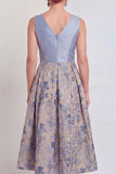 Jacquard V-Neck Navy Midi Mother of the Bride Dress