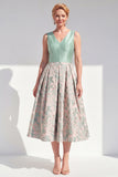 Jacquard V-Neck Navy Midi Mother of the Bride Dress