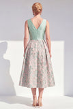 Jacquard V-Neck Navy Midi Mother of the Bride Dress