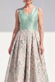 Jacquard V-Neck Navy Midi Mother of the Bride Dress