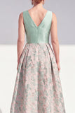 Jacquard V-Neck Navy Midi Mother of the Bride Dress