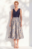 Jacquard V-Neck Navy Midi Mother of the Bride Dress