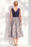 Jacquard V-Neck Navy Midi Mother of the Bride Dress