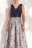 Jacquard V-Neck Navy Midi Mother of the Bride Dress