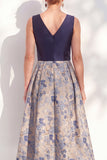Jacquard V-Neck Navy Midi Mother of the Bride Dress