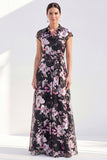 Black Collar Floral Mother of the Bride Dress with Sash