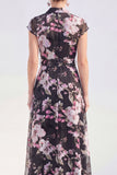 Black Collar Floral Mother of the Bride Dress with Sash