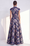 Yellow Jacquard Long Mother of the Bride Dress with Cap Sleeves