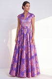 Yellow Jacquard Long Mother of the Bride Dress with Cap Sleeves