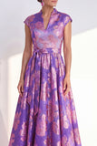 Yellow Jacquard Long Mother of the Bride Dress with Cap Sleeves