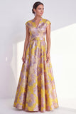 Yellow Jacquard Long Mother of the Bride Dress with Cap Sleeves