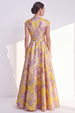 Yellow Jacquard Long Mother of the Bride Dress with Cap Sleeves