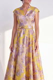 Yellow Jacquard Long Mother of the Bride Dress with Cap Sleeves