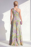 One Shoulder Blue Floral Mother of the Bride Dress with Slit