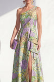 One Shoulder Blue Floral Mother of the Bride Dress with Slit