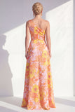 One Shoulder Blue Floral Mother of the Bride Dress with Slit