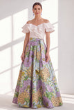 Off the Shoulder Ruffle Blue Purple Flower Mother of the Bride Dress with Sash
